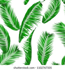 Seamless Pattern of Palm Leaves. Trendy Vector Tropical Background. Realistic Exotic Jungle Foliage in Modern Style. Tropic Seamless Pattern for Print, Paper, Fabric, Textile, Wallpaper, Wrapping.