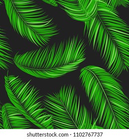 Seamless Pattern of Palm Leaves. Trendy Vector Tropical Background. Realistic Exotic Jungle Foliage in Modern Style. Tropic Seamless Pattern for Print, Paper, Fabric, Textile, Wallpaper, Wrapping.