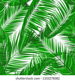 Seamless Pattern of Palm Leaves. Trendy Vector Tropical Background. Realistic Exotic Jungle Foliage in Modern Style. Tropic Seamless Pattern for Print, Paper, Fabric, Textile, Wallpaper, Wrapping.