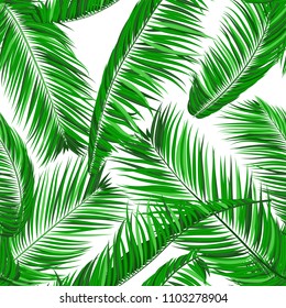 Seamless Pattern of Palm Leaves. Trendy Vector Tropical Background. Realistic Exotic Jungle Foliage in Modern Style. Tropic Seamless Pattern for Print, Paper, Fabric, Textile, Wallpaper, Wrapping.