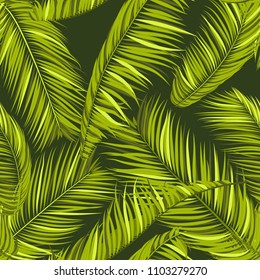 Seamless Pattern of Palm Leaves. Trendy Vector Tropical Background. Realistic Exotic Jungle Foliage in Modern Style. Tropic Seamless Pattern for Print, Paper, Fabric, Textile, Wallpaper, Wrapping.