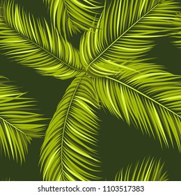 Seamless Pattern of Palm Leaves. Trendy Vector Tropical Background. Realistic Exotic Jungle Foliage in Modern Style. Tropic Seamless Pattern for Print, Paper, Fabric, Textile, Wallpaper, Wrapping.