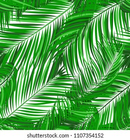 Seamless Pattern of Palm Leaves. Trendy Vector Tropical Background. Realistic Exotic Jungle Foliage in Modern Style. Tropic Seamless Pattern for Print, Paper, Fabric, Textile, Wallpaper, Wrapping.