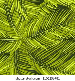 Seamless Pattern of Palm Leaves. Trendy Vector Tropical Background. Realistic Exotic Jungle Foliage in Modern Style. Tropic Seamless Pattern for Print, Paper, Fabric, Textile, Wallpaper, Wrapping.