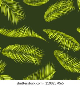 Seamless Pattern of Palm Leaves. Trendy Vector Tropical Background. Realistic Exotic Jungle Foliage in Modern Style. Tropic Seamless Pattern for Print, Paper, Fabric, Textile, Wallpaper, Wrapping.