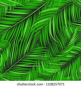 Seamless Pattern of Palm Leaves. Trendy Vector Tropical Background. Realistic Exotic Jungle Foliage in Modern Style. Tropic Seamless Pattern for Print, Paper, Fabric, Textile, Wallpaper, Wrapping.