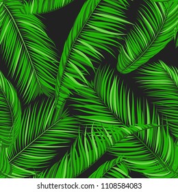 Seamless Pattern of Palm Leaves. Trendy Vector Tropical Background. Realistic Exotic Jungle Foliage in Modern Style. Tropic Seamless Pattern for Print, Paper, Fabric, Textile, Wallpaper, Wrapping.
