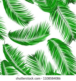 Seamless Pattern of Palm Leaves. Trendy Vector Tropical Background. Realistic Exotic Jungle Foliage in Modern Style. Tropic Seamless Pattern for Print, Paper, Fabric, Textile, Wallpaper, Wrapping.