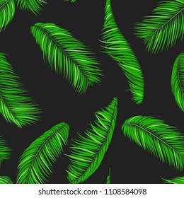 Seamless Pattern of Palm Leaves. Trendy Vector Tropical Background. Realistic Exotic Jungle Foliage in Modern Style. Tropic Seamless Pattern for Print, Paper, Fabric, Textile, Wallpaper, Wrapping.