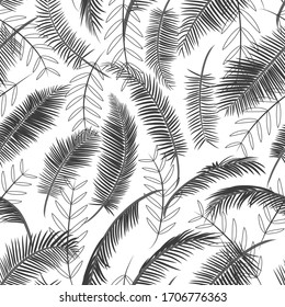 Patrón inoxidable con hojas de palma. Textura tropical, ramas negras de palma sobre fondo blanco. Esquema lineal, diseño plano. Ilustración vectorial, motivo mínimo para tela, papel tapiz, ropa, impresión