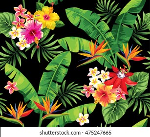 Seamless pattern with palm leaves and tropical flowers. Vector illustration.