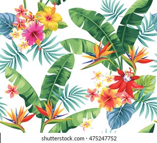 Seamless pattern with palm leaves and tropical flowers. Vector illustration.