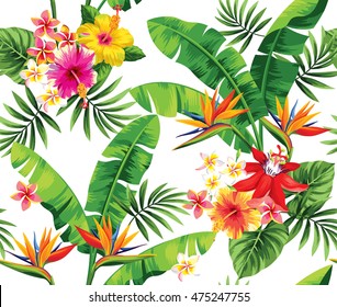 Seamless Pattern With Palm Leaves And Tropical Flowers. Vector Illustration.