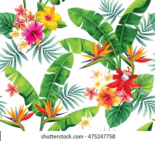 Seamless pattern with palm leaves and tropical flowers. Vector illustration.