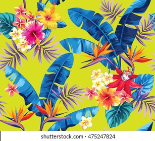 Seamless pattern with palm leaves and tropical flowers. Vector illustration.