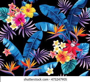 Seamless pattern with palm leaves and tropical flowers. Vector illustration.