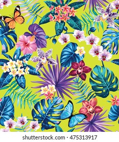 Seamless pattern with palm leaves, tropical flowers and butterflies. Vector illustration.