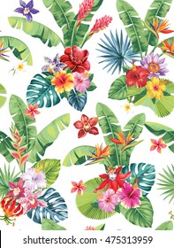 Seamless pattern with palm leaves and tropical flowers. Vector illustration.
