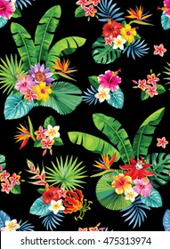 Seamless pattern with palm leaves and tropical flowers. Vector illustration.