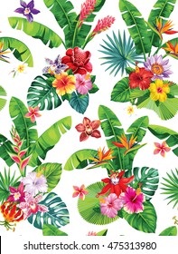 Seamless pattern with palm leaves and tropical flowers. Vector illustration.
