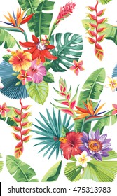 Seamless pattern with palm leaves and tropical flowers. Vector illustration.