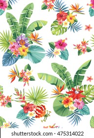 Seamless pattern with palm leaves and tropical flowers. Vector illustration.