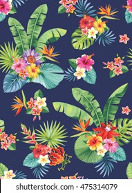 Seamless pattern with palm leaves and tropical flowers. Vector illustration.