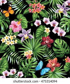 Seamless pattern with palm leaves, tropical flowers and butterflies. Vector illustration.