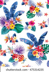 Patrón sin fisuras con hojas de palma y flores tropicales. Ilustración vectorial.