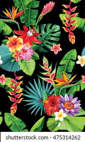 Seamless pattern with palm leaves and tropical flowers. Vector illustration.