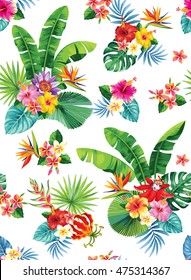 Seamless pattern with palm leaves and tropical flowers. Vector illustration.