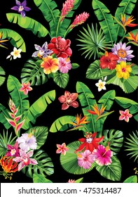 Seamless pattern with palm leaves and tropical flowers. Vector illustration.