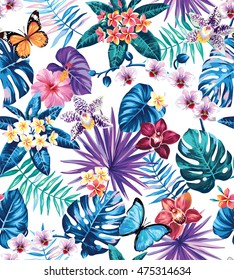 Seamless pattern with palm leaves, tropical flowers and butterflies. Vector illustration.