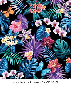 Seamless pattern with palm leaves, tropical flowers and butterflies. Vector illustration.