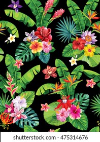 Seamless pattern with palm leaves and tropical flowers. Vector illustration.