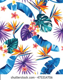 Seamless pattern with palm leaves and tropical flowers. Vector illustration.