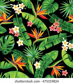 Patrón sin problemas con hojas de palma y flores tropicales. Ilustración vectorial.