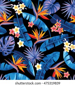 Seamless pattern with palm leaves and tropical flowers. Vector illustration.