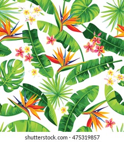 Seamless pattern with palm leaves and tropical flowers. Vector illustration.