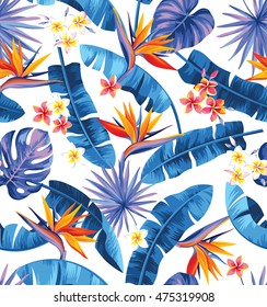 Seamless pattern with palm leaves and tropical flowers. Vector illustration.
