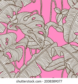 Motif harmonieux de feuilles de palmier et branche de liane sauvage tordue. Les vignes de la jungle plantent. Feuillage décoratif de forêt tropicale humide.