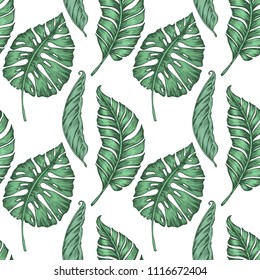 Seamless pattern with palm leaves. Vector illustration for fabric print.