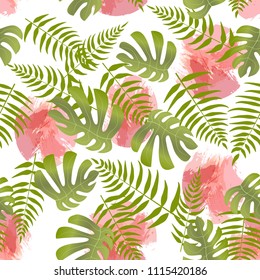 seamless pattern with palm and monstera leaves 
