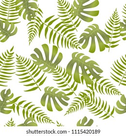 seamless pattern with palm and monstera leaves 