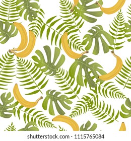 seamless pattern with palm and monstera leaves and bananas