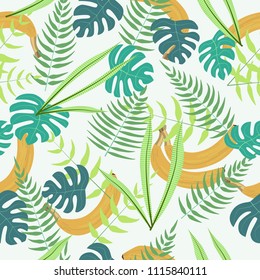 seamless pattern with palm and monstera leaves and bananas