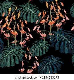 Seamless pattern with palm monstera leaves and tropical lilies flowers. Vector illustration on dark background.
