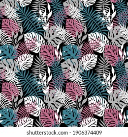 PATRÓN INSEGURO CON HOJAS DE PALMA Y MONSTERA EN UN FONDO NEGRO EN EL VECTOR
