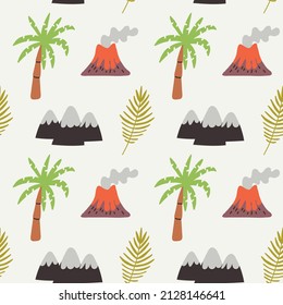 Seamless Pattern Palm mountains volcano. Doodle Hand drawn nursery baby scandinavian style kids digital textile fabric paper