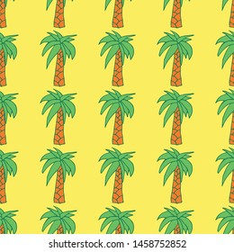 Seamless pattern with palm on yellow background. Hand drawn style. 
